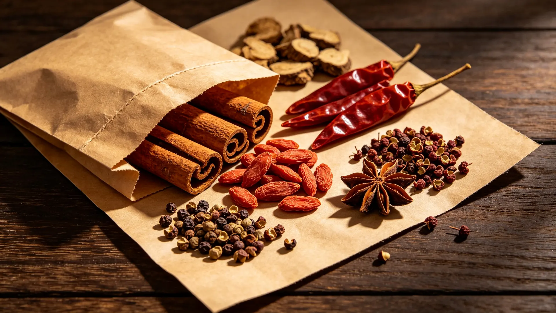 Chinese herbs and spices flat lay